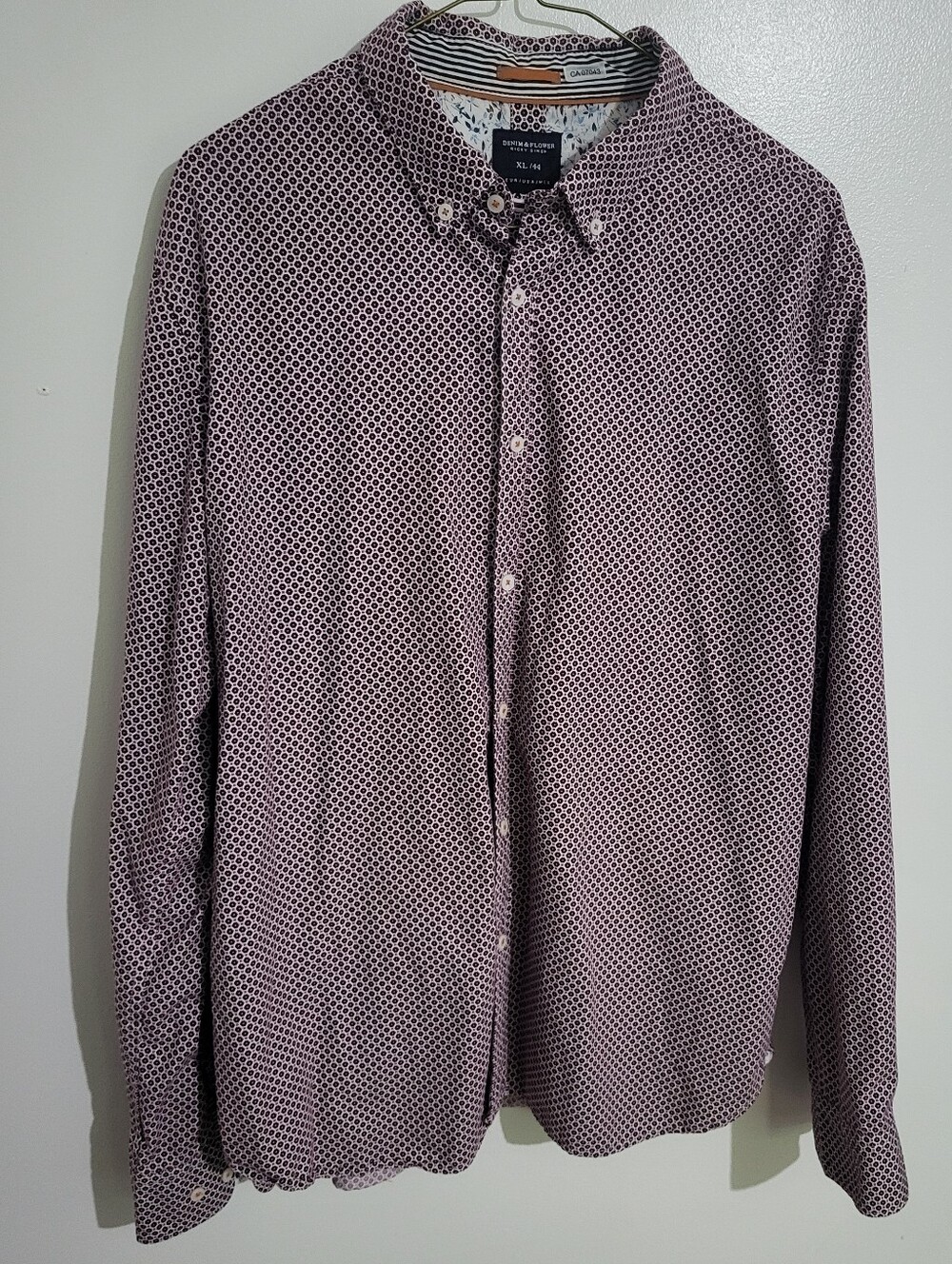 Denim & Flower Mens Burgundy Button Down Shirt 100% Cotton Size XL/42
